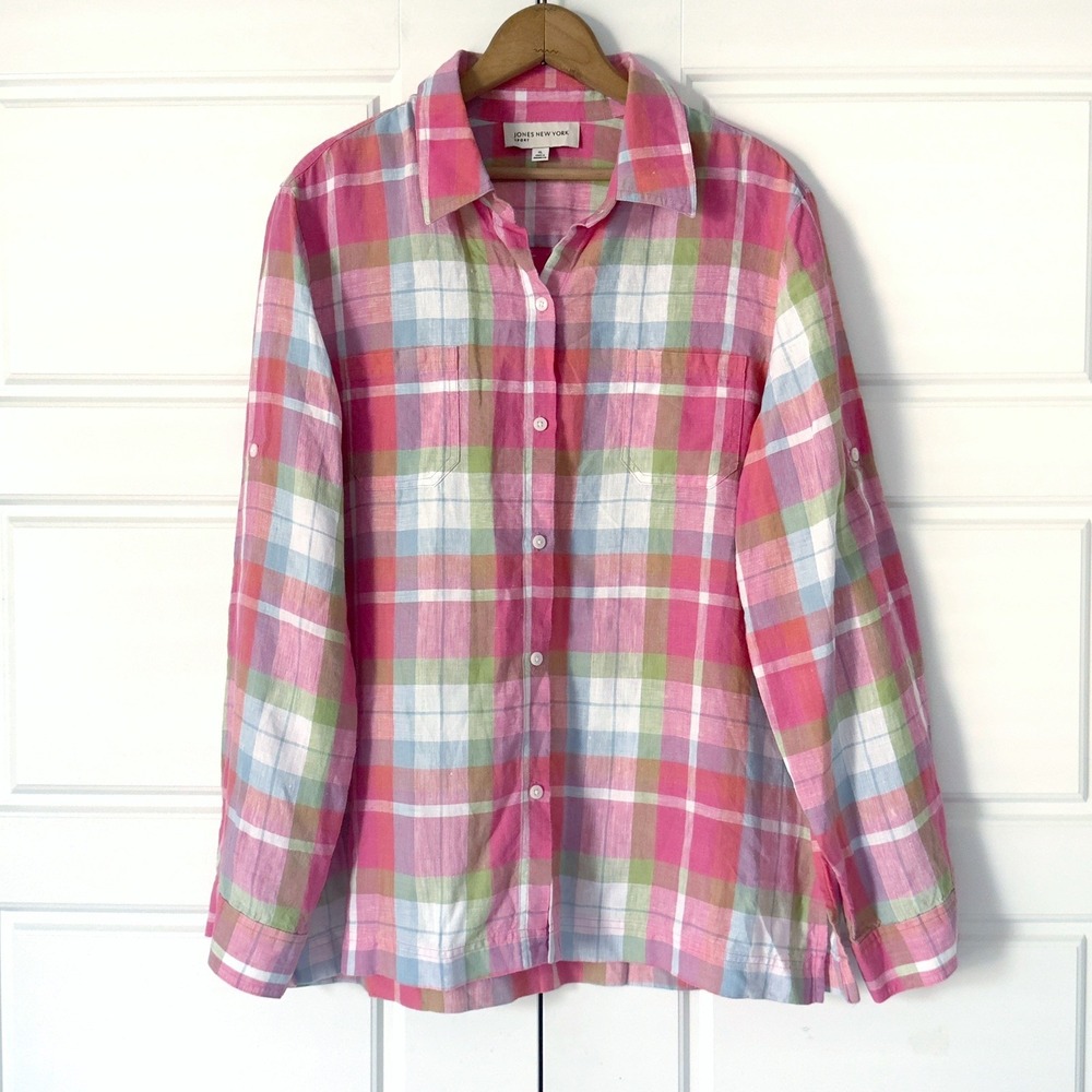 Jones New York Linen Madras Plaid Button Up Shirt XL Pink Roll Tab Pockets